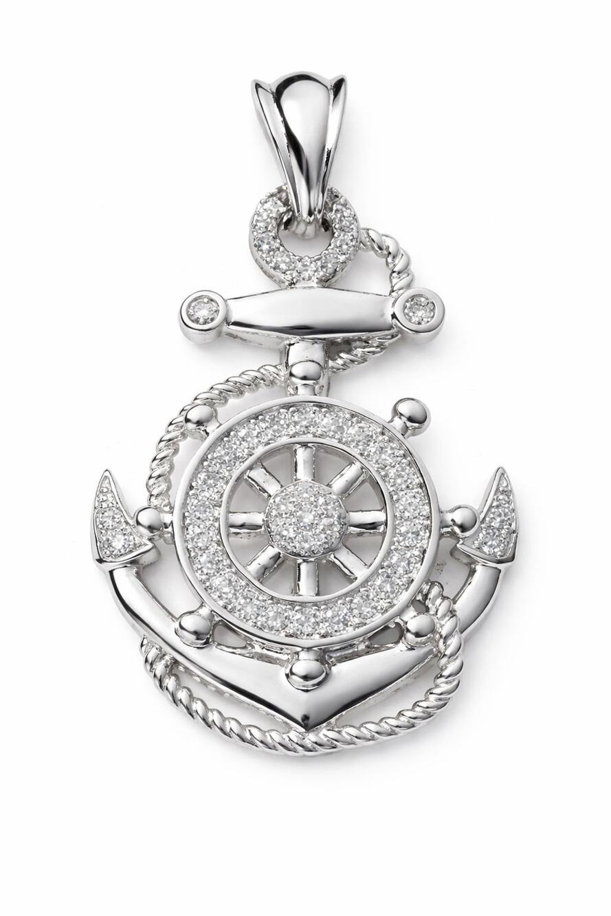 925 Sterling Silver Cubic Zirconia Anchor Wheel Nautical Pendant
